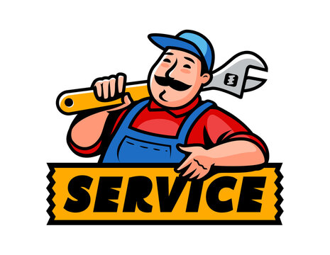 Construction worker with wrench or tool. Service repair, plumbing work emblem. Cartoon plumber vector illustration