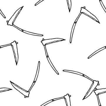 a pattern of an icon with a scythe. A seamless pattern from the old "scythe" tool, drawn in the "doodle" style, an isolated black outline is often and randomly placed on white for a design template. a