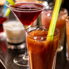 colorful drinks on wooden bar table square