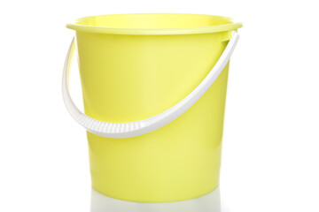 empty lemon-colored plastic bucket with white handle on isolated background