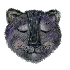 Watercolor panther hand drawn kid cartoon animal, cute cat sleeping portrait isolated on white background, Character design pantera for greeting card, children invitation, creation of zoo alphabet © m_e_l