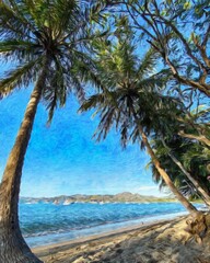 Watercolor and pastel drawing nature landscape, tropical travel and touristic place, Seychelles island vacation, trend print for poster, textile or canvas. Modern fine arts design wallpaper. Wall art