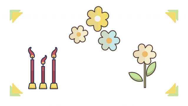 4k video of cartoon candles and flowers on white background.