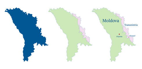 Moldova and Transnistria map. Pridnestrovian Moldavian Republic (PMR) map. Detailed blue outline and silhouette. Set of vector maps. All isolated on white background. Template for design.