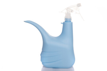 plastic light blue watering can with a sprayer on a white isolated background
