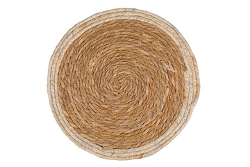 Top view of round weave wicker placemat on white background