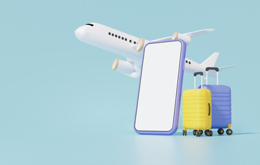 Suitcase and flight plane. travel online booking service on mobile.Tourism trip planning world tour, leisure touring holiday summer concept. banner, 3d render illustration - obrazy, fototapety, plakaty