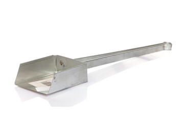 metal scoop for ashes and coal on a white isolated background, metal dustpan