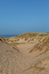 Sand dunes with the ocean behind, at the Merseyside coast