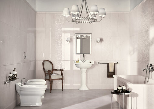 Modern interior design, bathroom with elegant tiles, seamless, luxurious background.