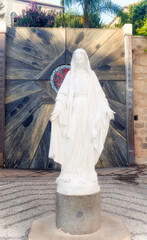 Virgin Mary statue at court yard of The Church of the Annunciation in Nazareth, Israel.
