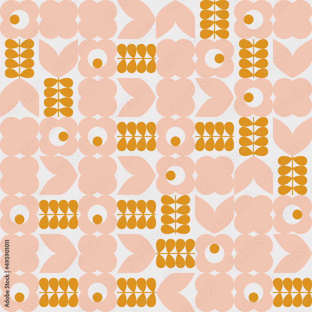 Poster Modern vector abstract  geometric background with stylized flowers, leaves and stems  in retro scandinavian style. Pastel colored simple shapes graphic seamless pattern.