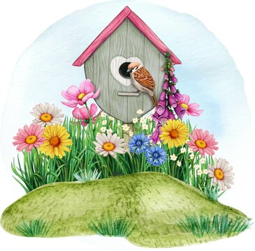 Watercolor spring birdhouse with flowers and sparrow