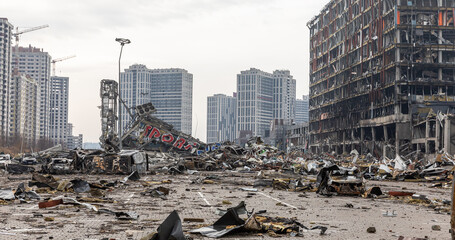 War in Ukraine. Damaged shopping center in Kyiv