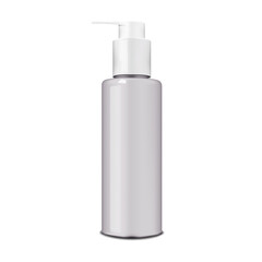 Cosmetic bottle with pump dispenser, realistic mockup. Beauty product container with fine tip applicator cap isolated on white background, vector mock-up. Template for design