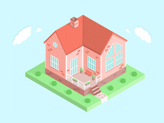 3d concept of a private home. Cute family house in isometric view. Beautiful vector illustration.