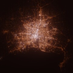 Bangkok (Thailand) street lights map. Satellite view on modern city at night. Imitation of aerial view on roads network. 3d render
