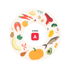 Healthy food guide concept. Vector flat illustration. Infographic of a vitamin sources. Colorful meat, seafood, fruit, vegetables and nuts icon set.