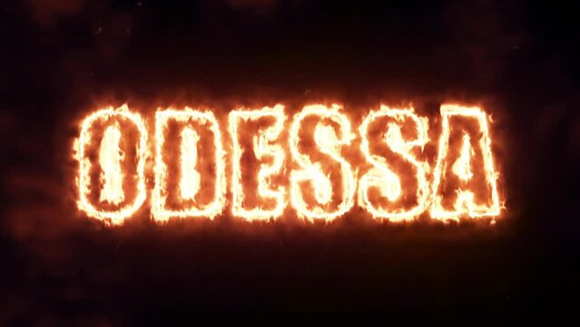 Odessa city in fire text message in hot fire animation with steam, dust and sparks