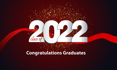 Graduation greetings 2022. Class of 2022. Congratulations on graduation. Realistic graduation hat and balloons. Vector