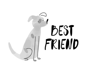 Poster or a card with minimalistic watercolor style dog and text Best friend. Isolated vector illustration