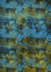 Old rusty metal background. Antique textured wallpaper. Ukraine flag. Yellow and blue color stains and splatter print. Grange backdrop