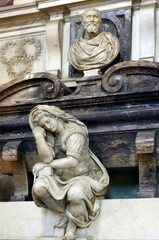 detail of tomb of Michelangelo Buonarroti by Giorgio Vasari, Basilica Santa Croce in Florence,...