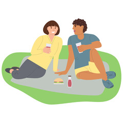 A couple of young people are relaxing in nature. A guy and a girl came to the city park for a picnic. Flat vector illustration on white background. For print, web design.