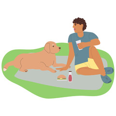 A man came to a city park with his dog. Young guy relaxing in the park on the grass. Next to him lies a dog. Flat vector illustration on white background. For print, web design.