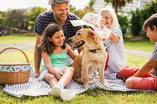 Young parents having fun with children and their pet outdoor summer time - Main focus on dog face