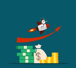 Startup Money Stacked with Businessman on a Flying Rocket. Business and finances management concept