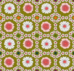 Fototapeta na wymiar Petal Daisy Flowers Square Shaped Ditsy Florals Seamless Pattern Trendy Fashion Colors Perfect for Allover Fabric Print and Wrapping Paper