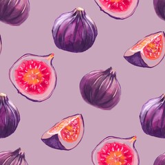 Watercolor seamless pattern of purple figs. Realistic Tropical Fruit Digital Paper