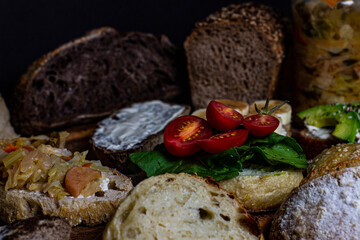 breads for breakfast with various options - Avocado - Kimchi - Banana - Seeds - Tomatoes