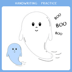 Handwriting practice sheet. Simple educational game for kids. Vector illustration of cute ghost for coloring book
