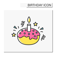 Cake color icon. Tasty birthday sweet cake with one candle.Celebration. Birthday concept. Isolated vector illustration