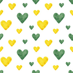 Fototapeta premium Watercolor seamless pattern with hearts isolated on white. Elements in the shape of a heart in yellow and green. For decor, design, printing on paper, scrapbook, fabric. Love style. Valentine's Day.