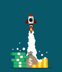 Startup Money Stacked with a Flying Rocket. Business idea concept