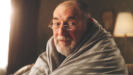 Elderly man in glasses wrapping in warm blanket and looking at camera while sitting in cold room...