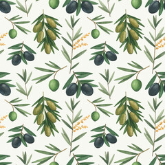 Watercolor seamless pattern with different kinds of Olives: Black Ripe, Green Ripe, Spanish, Sicilian Olives. Botanical background, perfect for scrapbooking, wallpapers, textile, gift wrapping paper