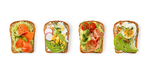Variety of Healthy sandwiches, set of toasts with avocado. Slice of whole grain dark bread with...