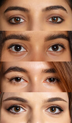 Vertical composite image of close-up female eyes with makeup. Concept of emotions, vision, beauty, art