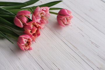 Bouquet of pink tulips on a white wooden background. Place for text