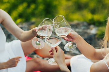 Friends toasting with wine at outdoor picnic. Close-up of  hands raising toast with glasses of wine. Enjoying summer picnic in nature. 