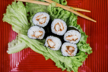 sushi maki roll with eel and lettuce japanese cuisine delivery