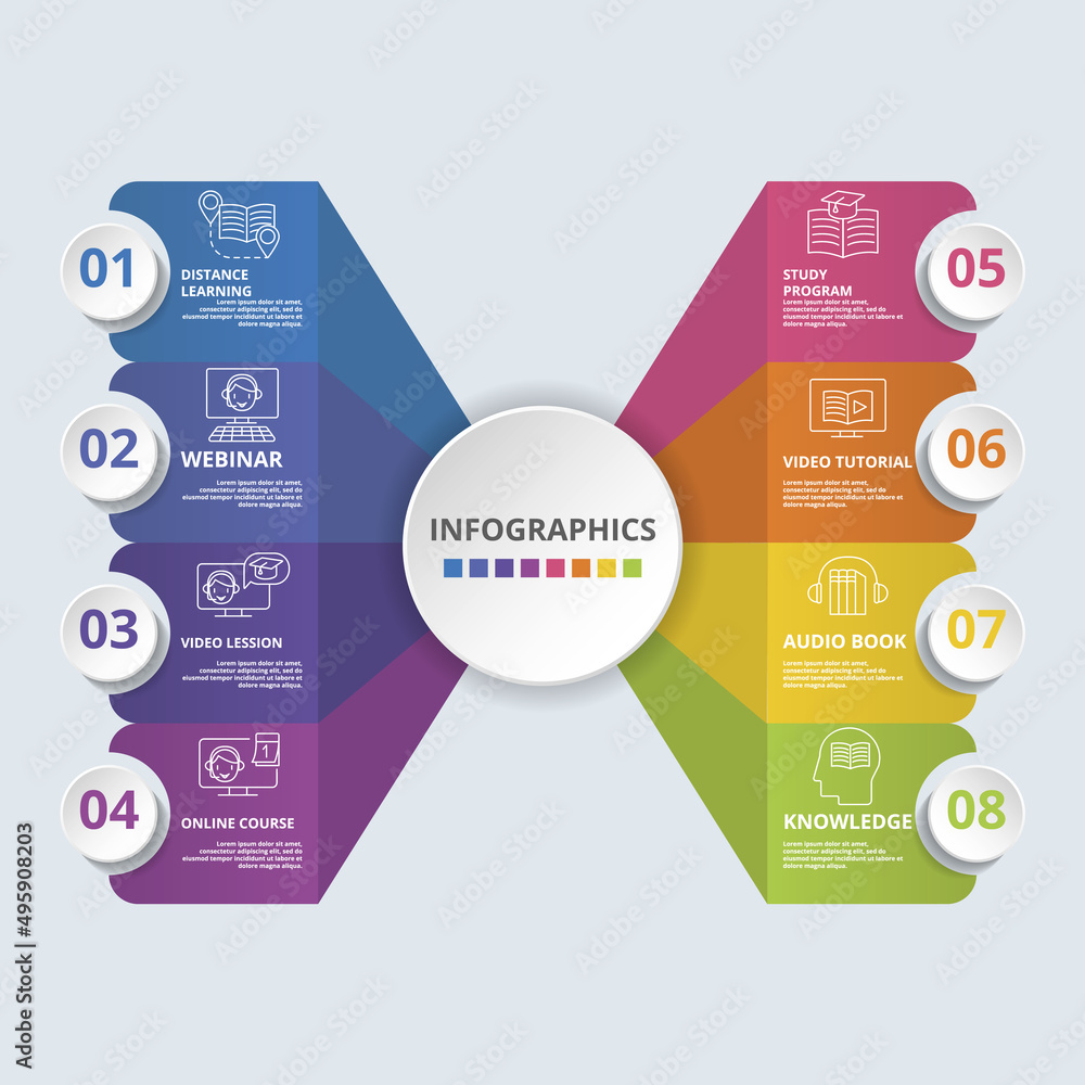 Poster infographic e-learning icons vector illustration. 8 colored steps info template with editable text.