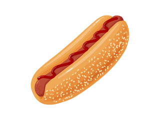Hot Dog. Illustration fast food in cartoon style. Sausage in a bun with ketchup.