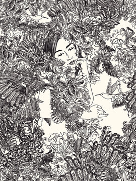 SEAMLESS VECTOR asian woman daydreaming in floral, birds, feathers PATTERN . hand drawn illustration line art single colour. Monochrome toile repeat. old school Japanese graphic tattoo style artwork.