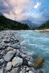 The stream flows into the Canali Valley. Canali is considered one of the most beautiful alpine valleys in the Dolomites. Tonadico, Trento province, Trentino Alto-Adige, Italy, Europe.