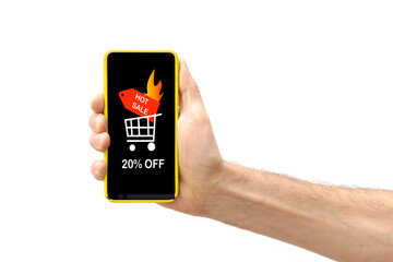 Hand holding a smartphone that on its screen announces a 20 percent discount for the hot sale.